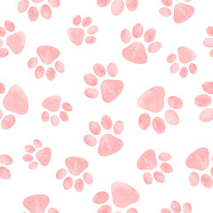 Cat paw print seamless watercolor pattern in pink color	