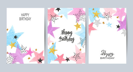 Happy Birthday cards set with colorful stars. Celebration vector templates