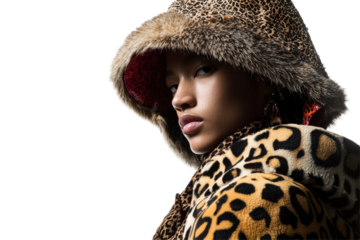 Model showcases unique leopard print hoodie with animal hood and sunglasses against a clean, minimalistic background