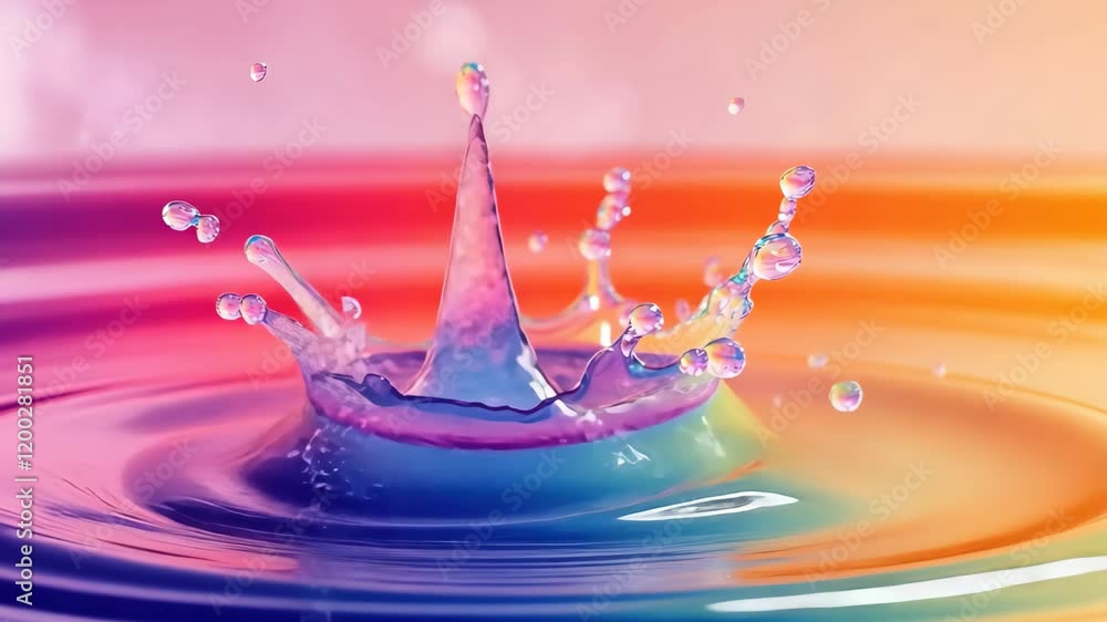 Poster rainbow droplet creating ripples on a colorful water surface during bright daylight, 3d rainbow drop