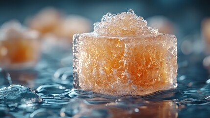 Amber ice cube melts, close-up, water droplets, background blur, food photography