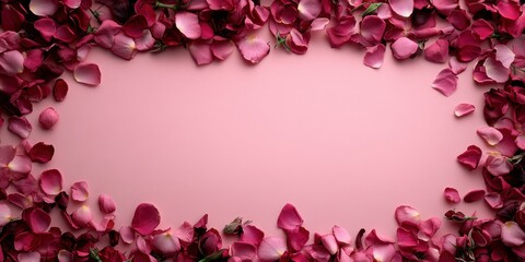 A delicate pink backdrop adorned with a lush frame of velvety rose petals, capturing the essence of romance and tenderness for Valentine's Day.