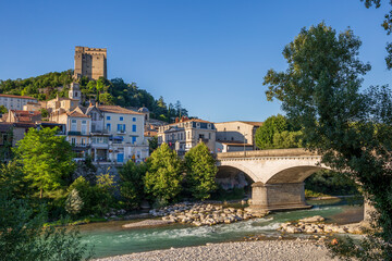 Crest, in the Drôme department, southeastern France, and the Drôme river. The medieval town was built in an amphiteatre shape at the foot of a rocky crest, looked down on by the medieval Tower.