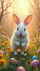 Adorable white bunny in spring meadow surrounded by colorful easter eggs