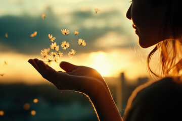 Woman releasing dandelion seeds into the golden sunset. A silhouette of peace, freedom, and new beginnings. Embrace the beauty of letting go.
