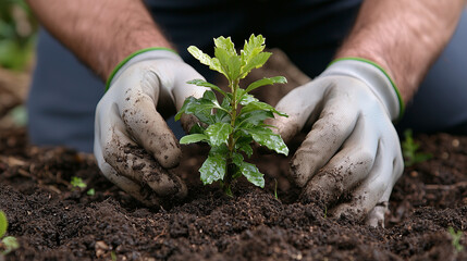 Planting Sapling with Careful Hands in Gardening Gloves