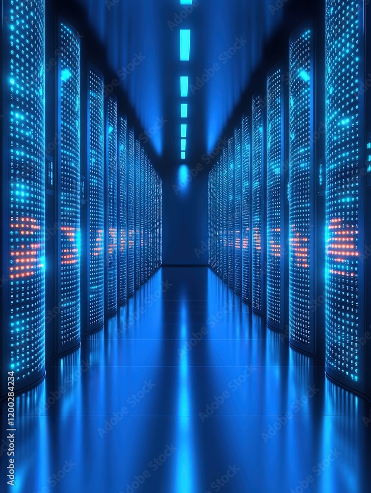 Poster futuristic server room bathed in vibrant blue light. ideal for technology websites blogs or presenta