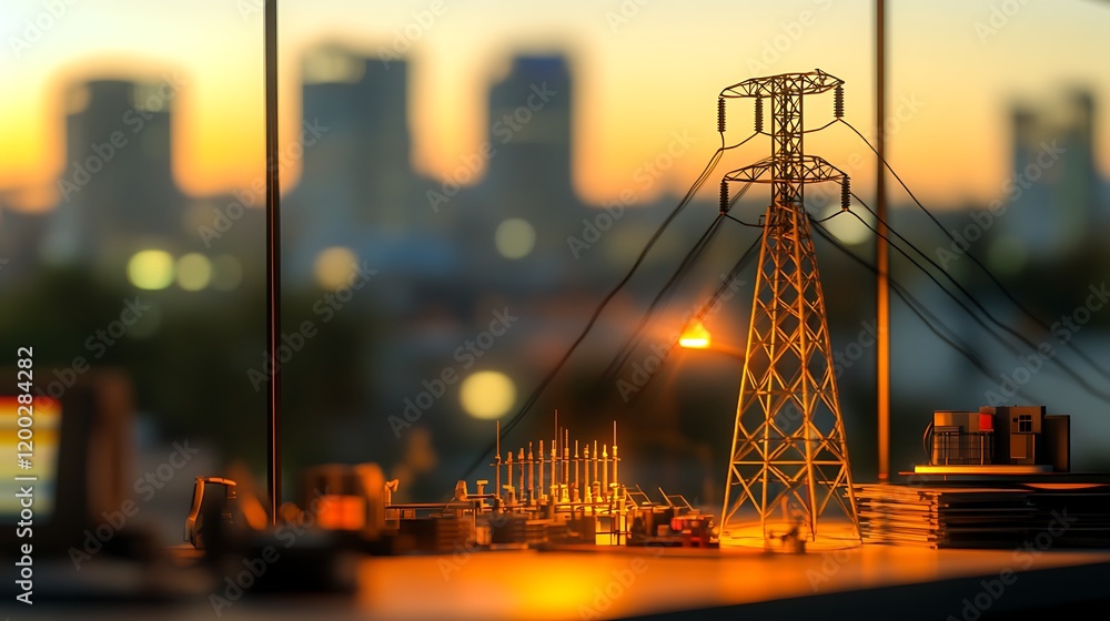Poster a scaled-down electricity grid station model resting on a clean table within a professional workspac