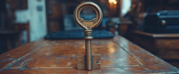 Obraz premium Antique key on wooden table, office background. Success concept