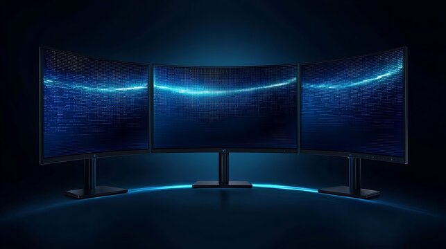 Curved monitors, triple setup, dark room, blue light, gaming