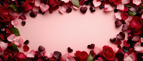 A charming pink backdrop showcases a heart-shaped frame adorned with delicate rose petals, embodying love and romance for Valentine's Day.