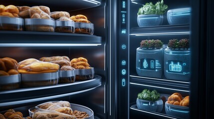 A futuristic smart fridge with glowing AI-controlled compartments for fresh produce and baked goods, featuring advanced food storage technology