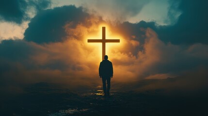 Man walking towards the cross, symbolizing Jesus' portrayal of his demeanor in God's light