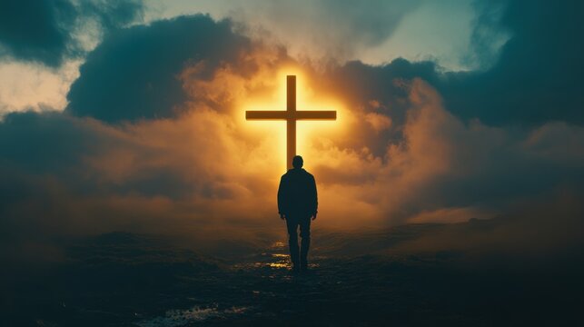 Man walking towards the cross, symbolizing Jesus' portrayal of his demeanor in God's light