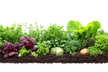 Fresh leafy greens growing in rich soil on isolated white background, showcasing diverse varieties of lettuce and spinach at harvest time