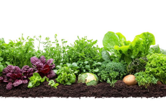 Fresh leafy greens growing in rich soil on isolated white background, showcasing diverse varieties of lettuce and spinach at harvest time