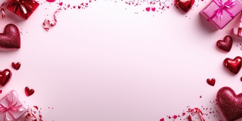 Obraz premium A whimsical pink backdrop adorned with vibrant hearts and charming gifts, perfect for celebrating love on Valentine's Day.