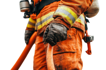 Firefighter stands confidently with fire hose on a rainy day, showcasing dedication and bravery while preparing for an emergency response