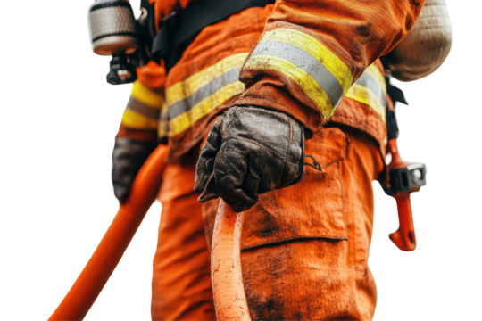 Firefighter stands confidently with fire hose on a rainy day, showcasing dedication and bravery while preparing for an emergency response