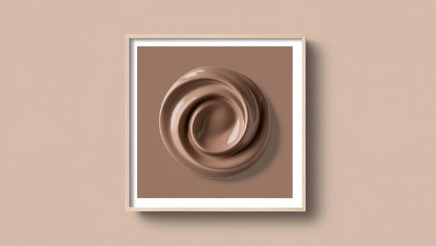 Minimalist abstract art with elegant brown spiral sculpture in white square frame on neutral beige wall. Modern wall art concept with organic curves. Perfect for interior design, home decor, gallery m
