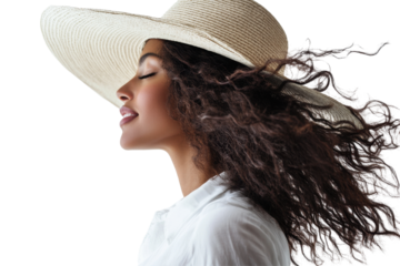 Elegant woman with flowing hair and wide-brimmed black hat on a transparent background showcasing beauty and style