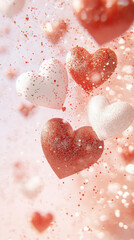 Obraz premium Vertical Valentines background. Glittering red and white hearts floating on a soft pink background, ideal for Valentine’s Day social media posts, romantic greetings