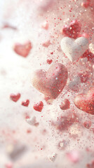 Fototapeta premium Vertical Valentines background. Floating red and white hearts with shimmering glitter on a soft, dreamy background, perfect for Valentine’s Day social media posts, romantic designs