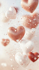 Fototapeta premium Vertical Valentines background. Soft rose gold and white hearts floating with shimmering glitter on a dreamy background, perfect for Valentine’s Day social media posts, romantic cards
