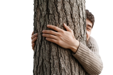 Embracing nature during a peaceful moment with a tree, showcasing connection and environmental appreciation on a neutral background