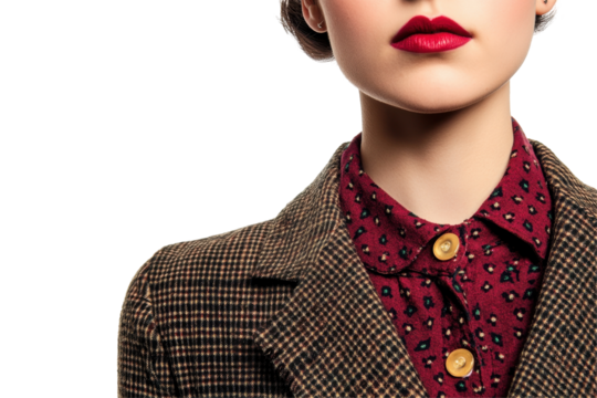 Stylish woman wearing brown checkered blazer and red polka dot blouse, showcasing a bold lip look against a transparent background