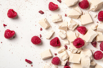 White chocolate chunks and fresh raspberries scattered on a clean white surface