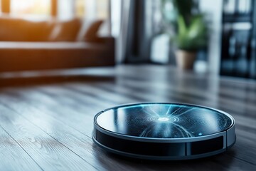 A futuristic robot vacuum with a glowing blue holographic interface, operating in a modern living room with natural light