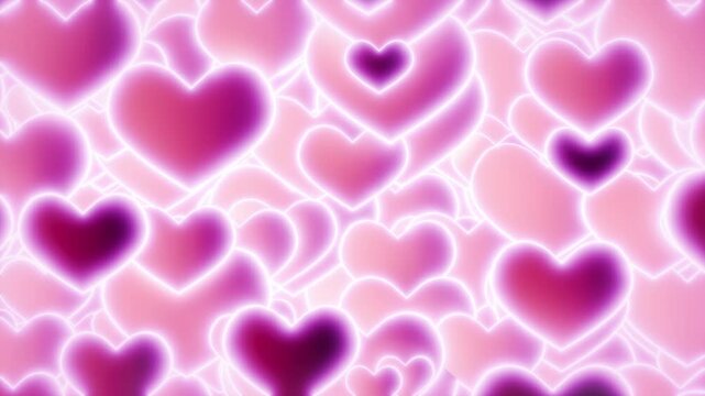 Looped animation featuring softly glowing hearts in shades of pink and purple