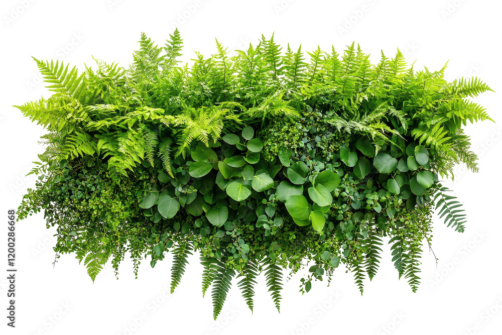 Poster vibrant green foliage arrangement with various leaves and ferns set against a transparent background