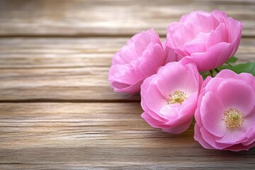 Delicate pink flowers bloom atop a rustic wooden table, accompanied by vibrant green leaves, creating a romantic ambiance perfect for Valentine's Day.