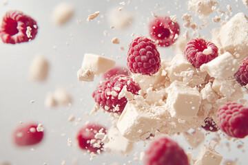 Dynamic raspberry and white chocolate explosion in mid-air on a soft neutral background