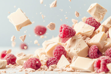 Flying raspberries and white chocolate chunks scattered in mid-air creating a dynamic composition