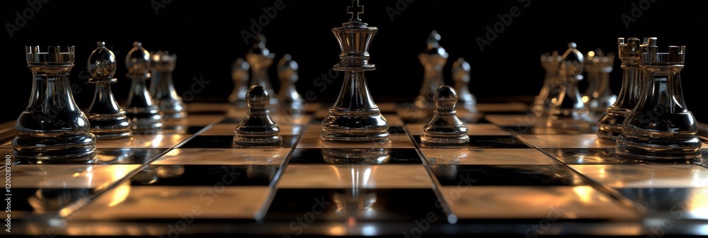 Poster Chess pieces arranged on a reflective board with an illuminated king in focus during an intense match at night. Generative AI