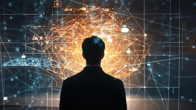 Neural Networks visualization latent space nodes and human control of artificial intelligence. Man facing a glowing digital network, surrounded by interconnected nodes and futuristic data visuals
