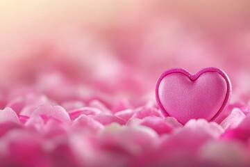 Obraz premium A delicate pink heart rests gently on a bed of soft pink petals, creating a romantic and enchanting atmosphere perfect for love's celebration.