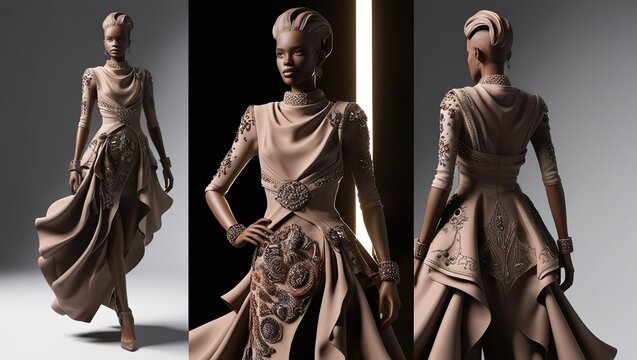 High fashion editorial featuring Black model in three elegant designer evening gowns. Professional studio photography showcasing luxury fashion design with dramatic lighting and sophisticated styling.