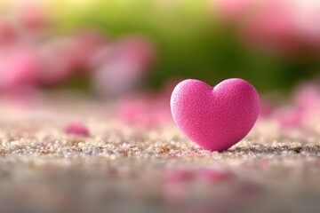 Fototapeta premium A charming pink heart rests gently on the ground, radiating warmth and love, inviting all who see it to embrace the spirit of Valentine's Day.