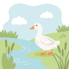 Cute little duck on the river bank in a meadow with flowers. Spring illustration for children