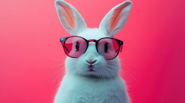 Un lapin mignon debout sur un fond blanc, l&eacute;g&egrave;rement sur le c&ocirc;t&eacute;, avec un panier d'&oelig;ufs de P&acirc;ques color&eacute;s &agrave; c&ocirc;t&eacute; de lui