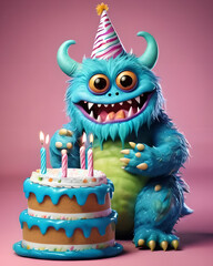 Illustration of a little blue and purple monster with a blue and pink birthday hat and a blue birthday cake with blue and pink candles, design, festivity, color, marketing.