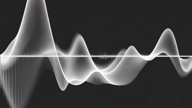 3D chart of sound spectrum wave visualization with peaks and waves as istogram. 3D visualization of Gaussian noise with mountain-like peaks, vertical spikes, and mesh patterns on a black background