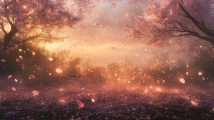 Naklejka premium 紙吹雪が桜の花びらとなり木に戻る循環の幻想写真