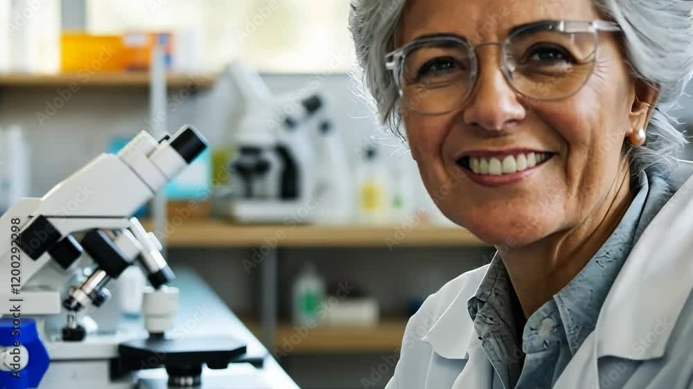 Aufkleber senior scientist smiling while seated near a microscope in a bustling laboratory environment -