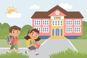 Two school children going to school with backpacks. Back to school banner. Illustration in flat style