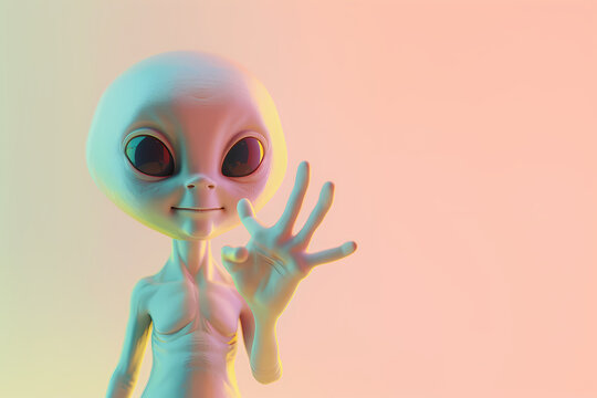 A cute white alien waves hello on a pink background